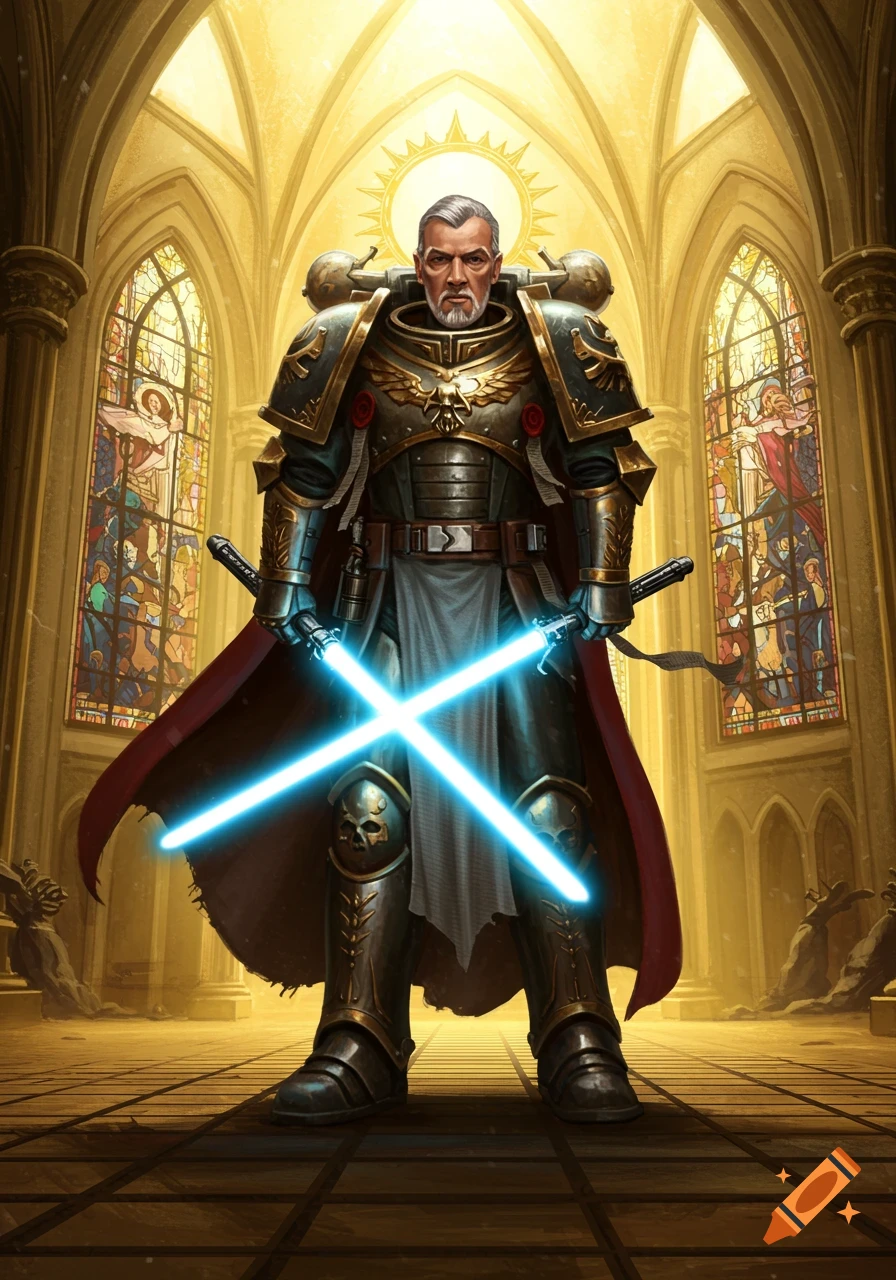 A stern, armored warrior with a grey beard stands in a golden cathedral, holding two crossed blue lightsabers.