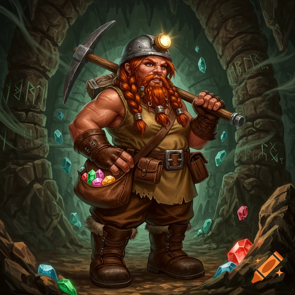 A female dwarf miner with braided red hair, a pickaxe over her shoulder, and a bag of colorful gems, stands in an eerie cave with glowing crystals and carved runes. Detailed fantasy art.