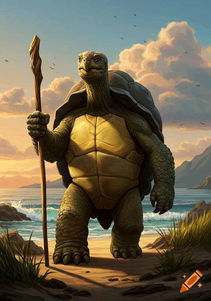 A powerful humanoid tortoise (tortle) stands on a sandy beach holding a wooden staff, with ocean waves, distant mountains, and a cloudy sunset sky.