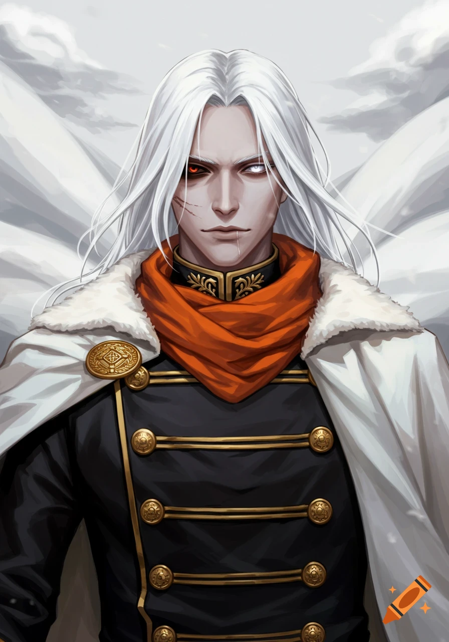 A white-haired man with one red eye and one white eye, wearing an orange scarf, a white fur-lined cape, and a black military uniform with gold buttons.