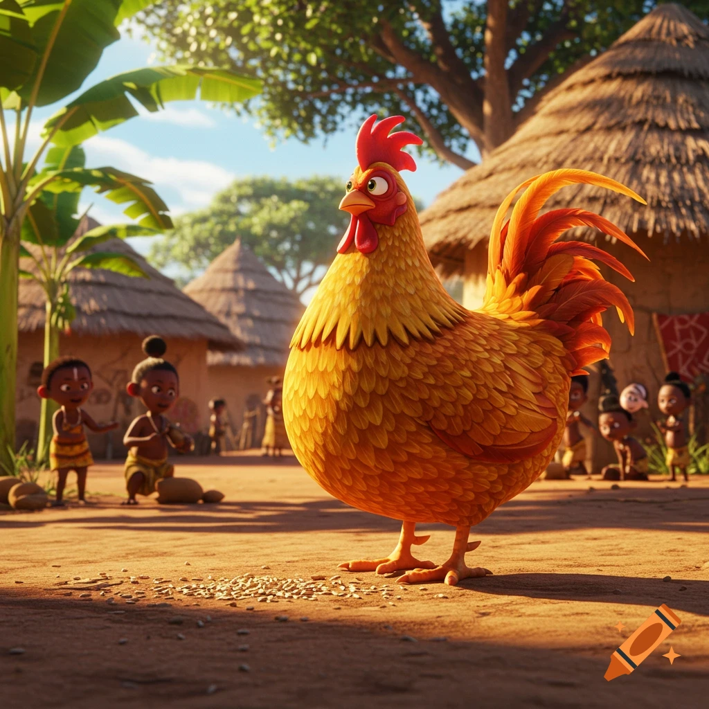A Pixar-style cartoon chicken pecks at grain in an African village, with children and thatched huts in the background.