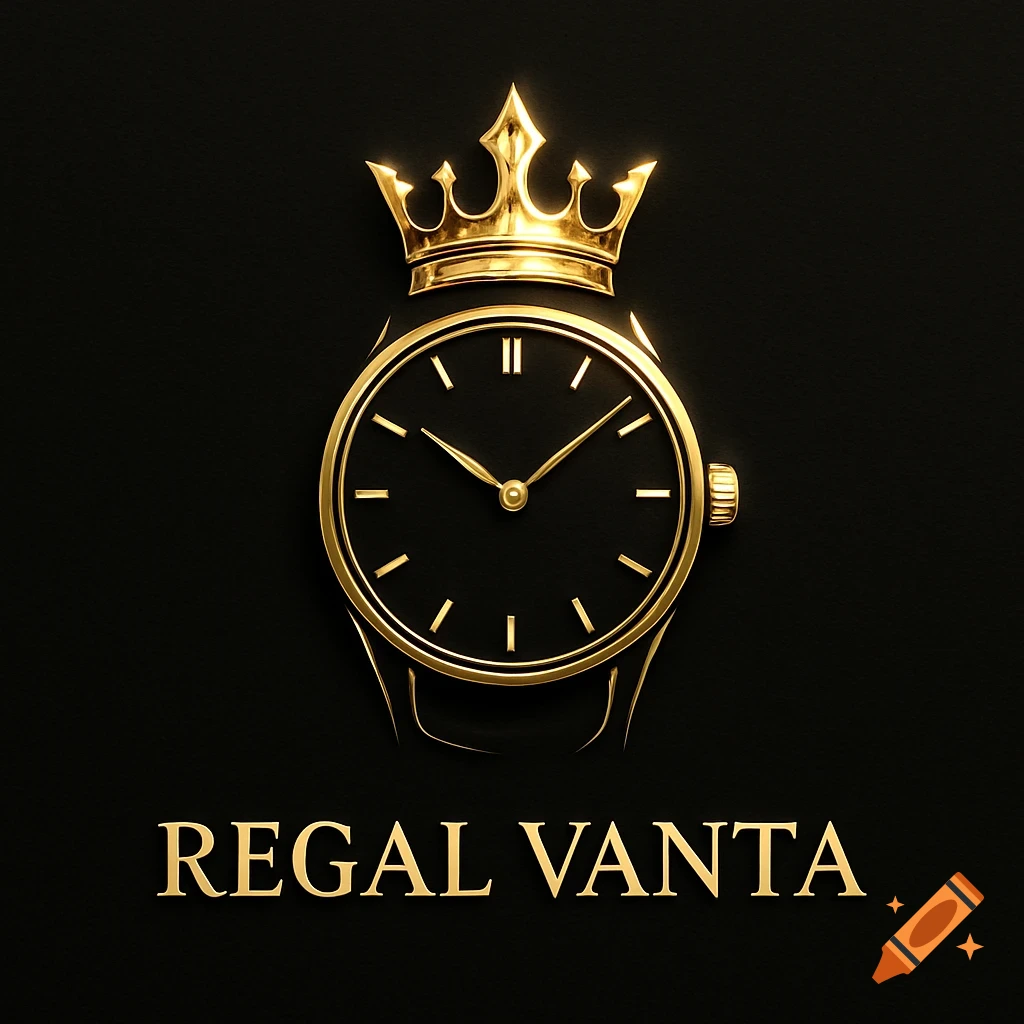 A sleek black and gold watch with a golden crown above it, and the text "REGAL VANTA" below, on a dark background.