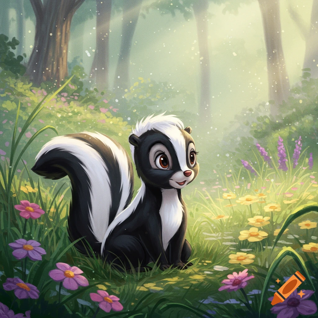 A cute cartoon skunk sits among purple and yellow wildflowers in a sunlit forest.