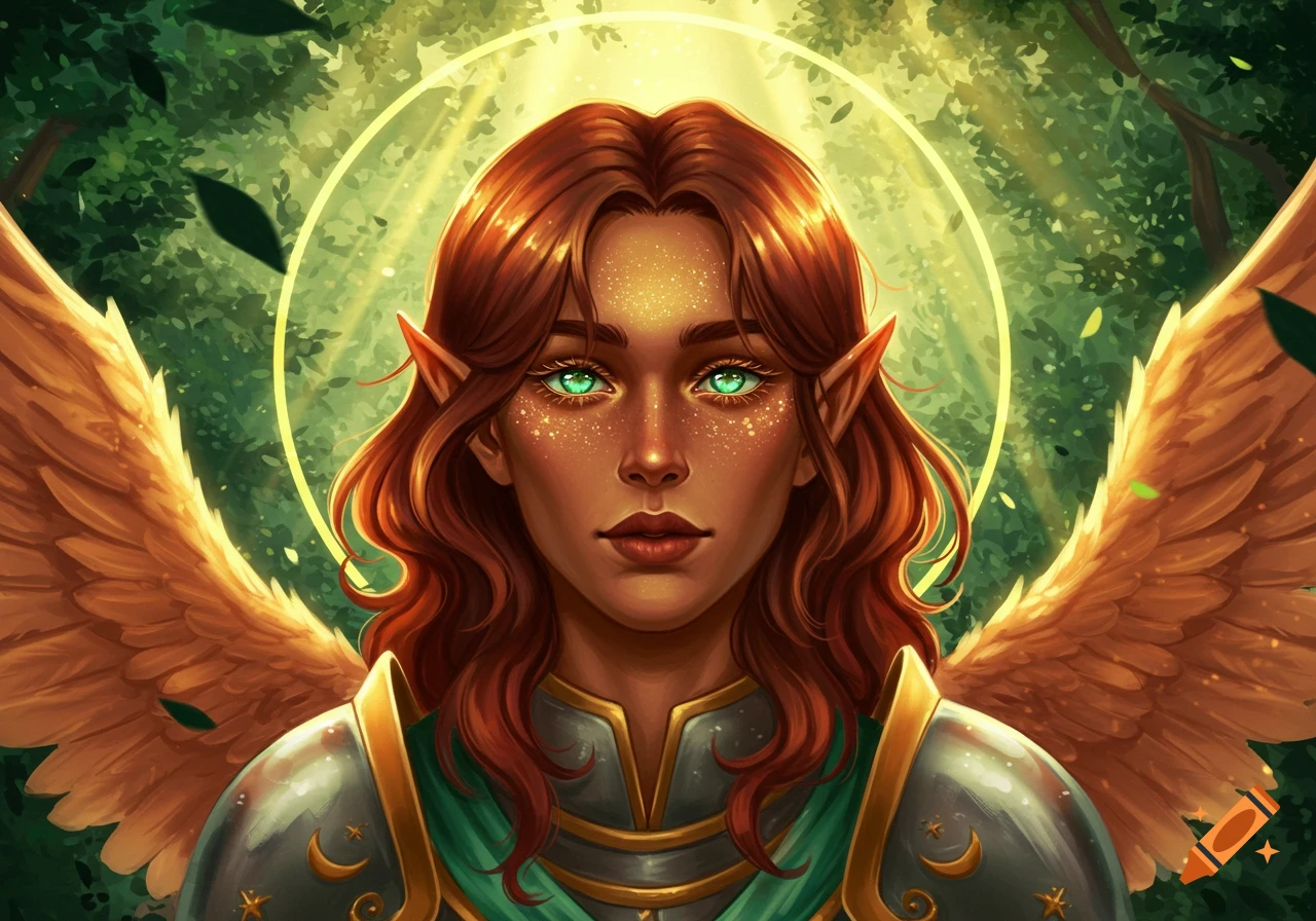 Aasimar portrait with red-brown hair, green eyes, gold freckles, golden wings, and armor, glowing halo in a forest setting.