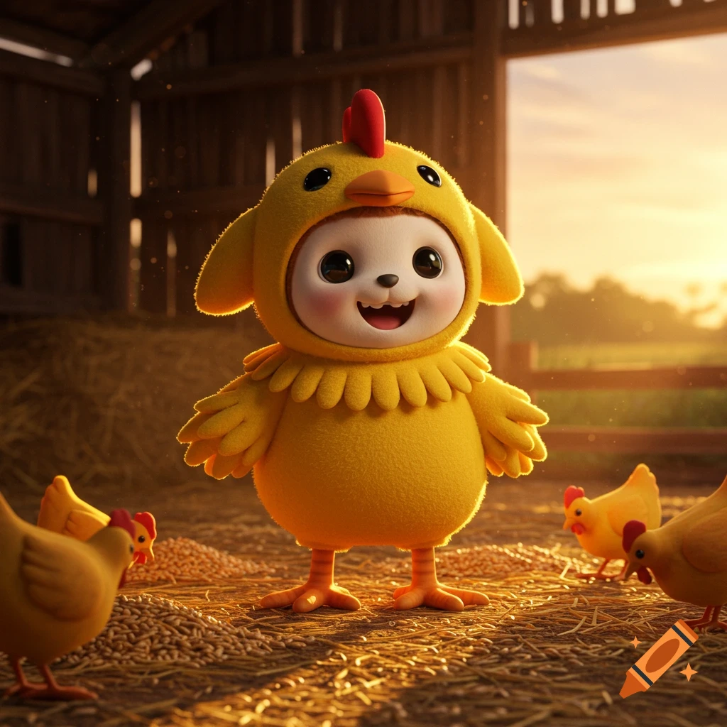 A cute, smiling Labubu character in a yellow chicken costume stands in a sunlit barn with other chickens.