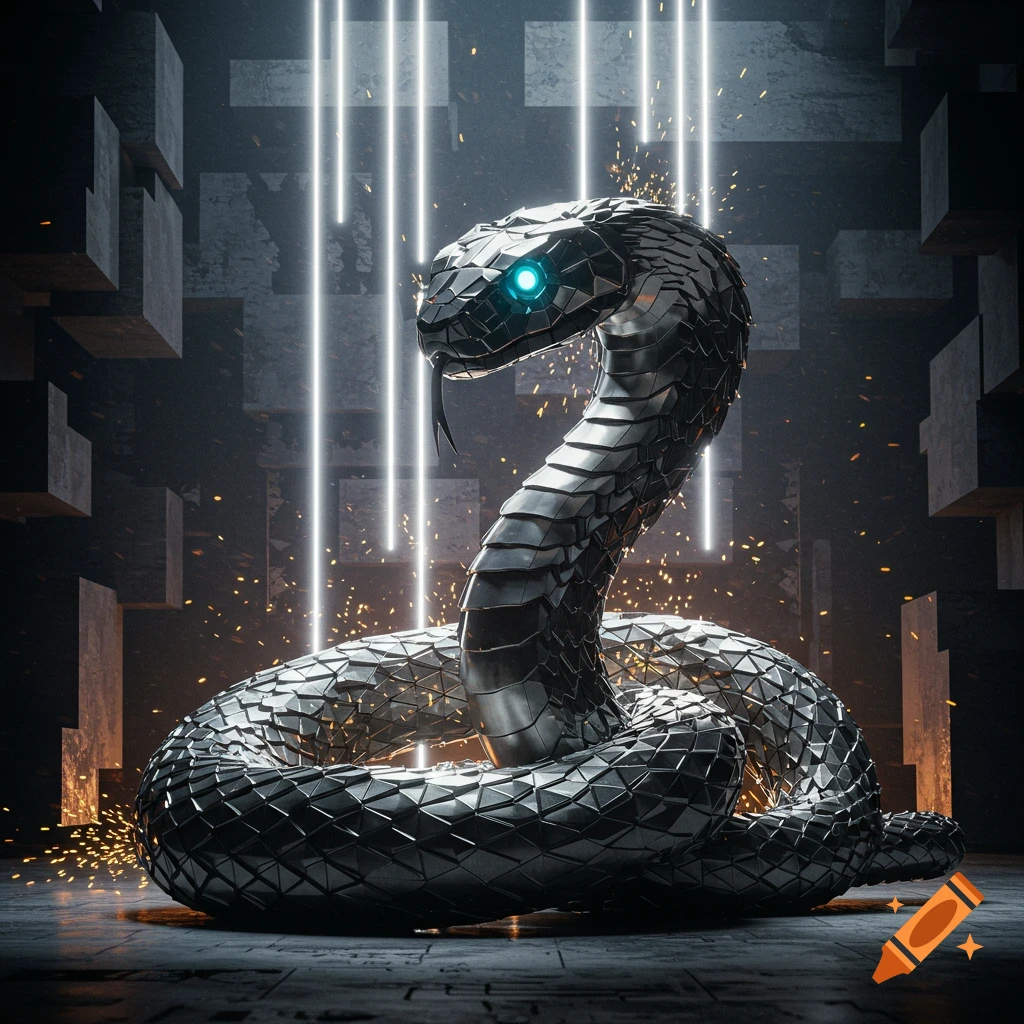A coiled, dark metallic snake with glowing blue eyes in a futuristic setting with vertical neon lights and sparks.