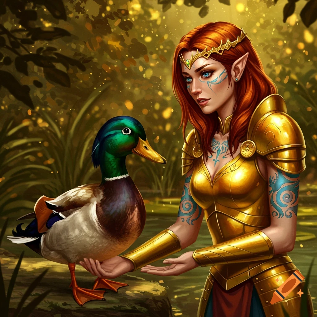 A fantasy warrior elf princess with red hair, blue eyes, gold armor, and blue tattoos gently holds a mallard duck in a lush, magical forest.