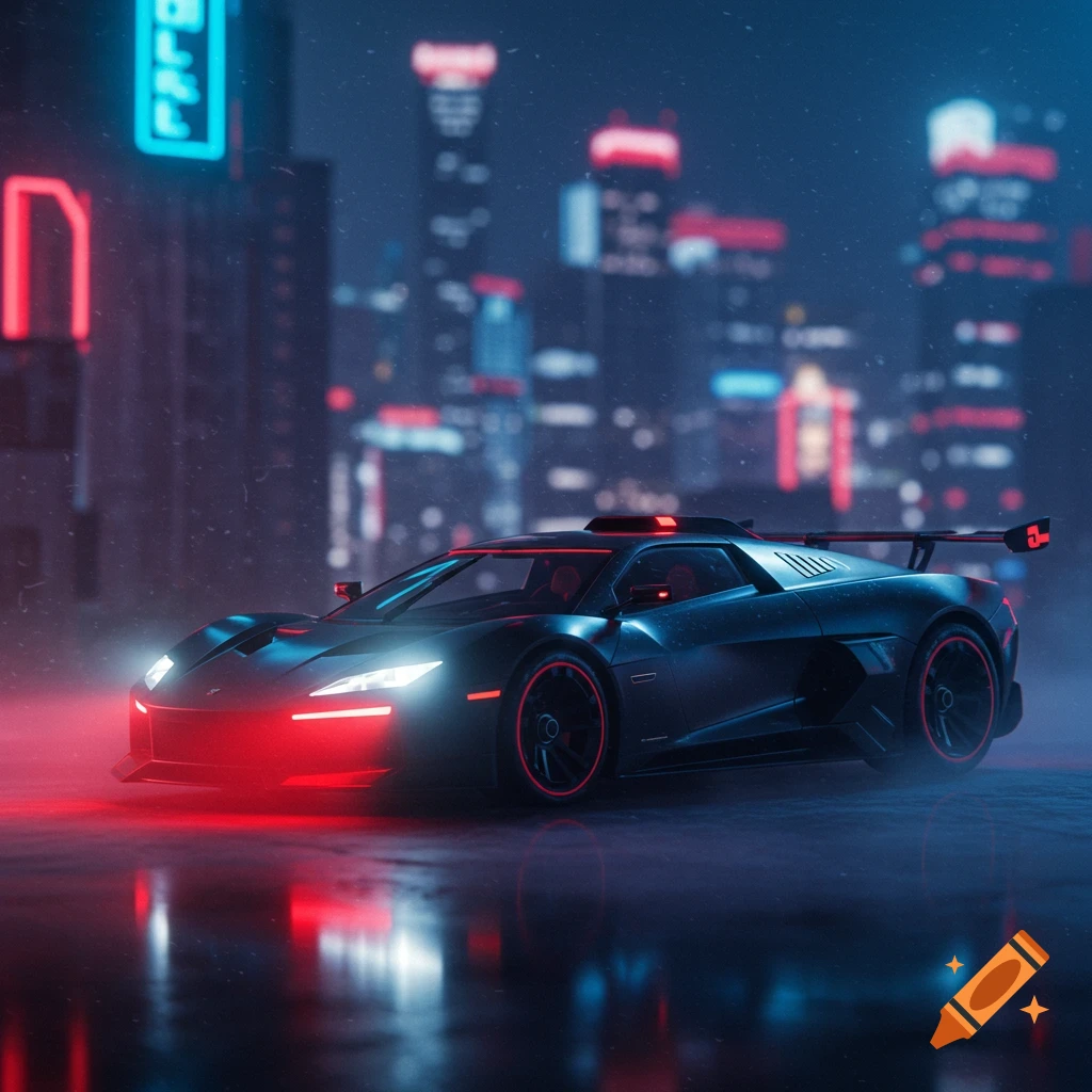 A futuristic black sports car with glowing red and white lights on a wet street at night, with neon-lit city buildings in the background.