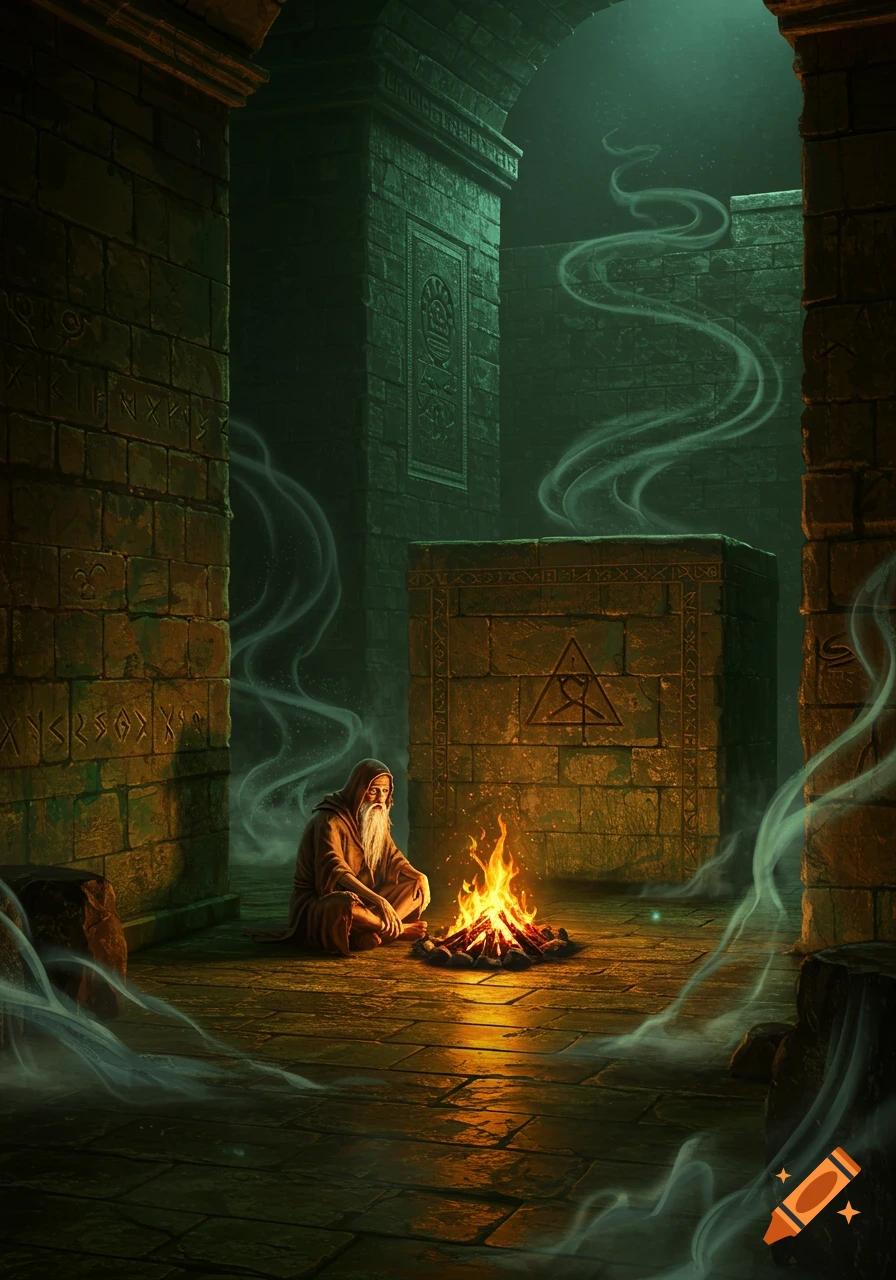 An old wizard sits by a glowing campfire in a dark, stone dungeon filled with eerie smoke and ancient symbols.