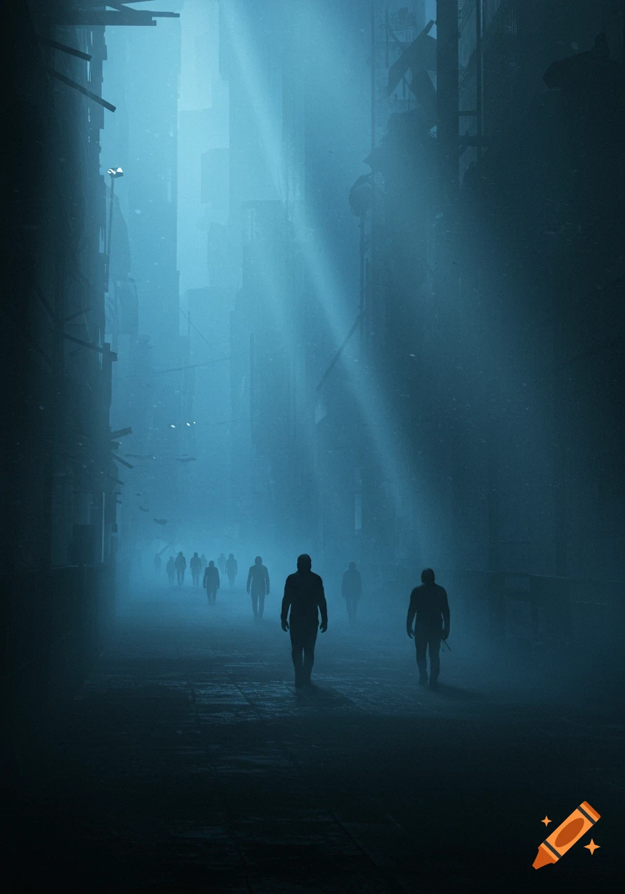 Eerie silhouettes of people walking down a foggy, blue-lit dystopian city street, cinematic digital art.