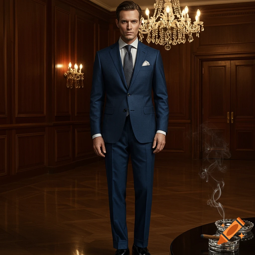 A man in a sharp blue suit stands formally in a luxurious wood-paneled room with chandeliers, a lit cigar on a table.