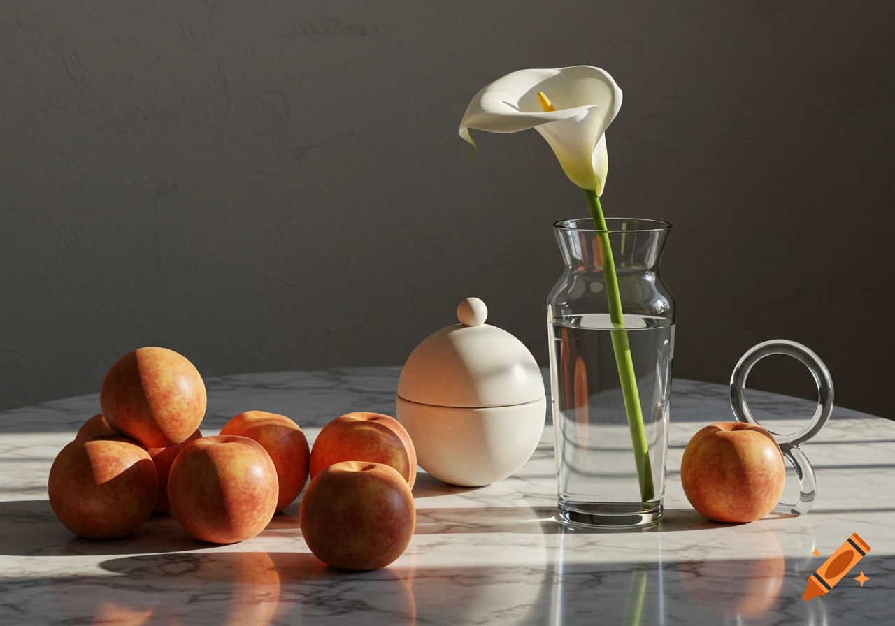 A photorealistic still life with peaches, a white calla lily in a vase, and a ceramic pot on a marble table.