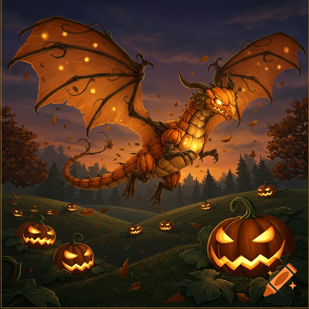 An illustrated pumpkin dragon flies over a field of glowing jack-o'-lanterns and falling leaves at sunset.