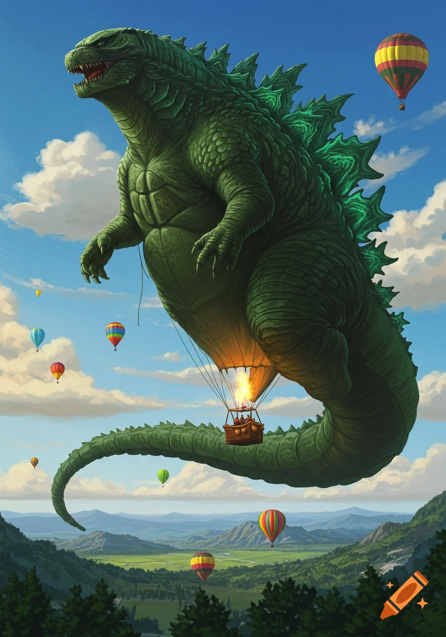 A colossal green Godzilla-shaped hot air balloon flies over a vibrant green valley, accompanied by smaller colorful balloons under a blue sky.