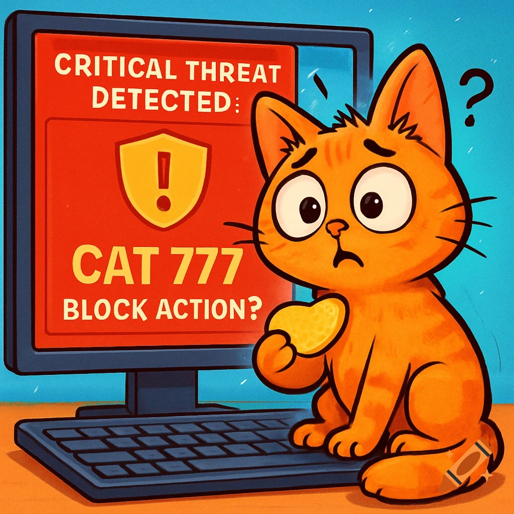 A confused orange cartoon cat sits on a computer keyboard, holding a chip, while a 'CRITICAL THREAT DETECTED: CAT 777' pop-up appears on screen.
