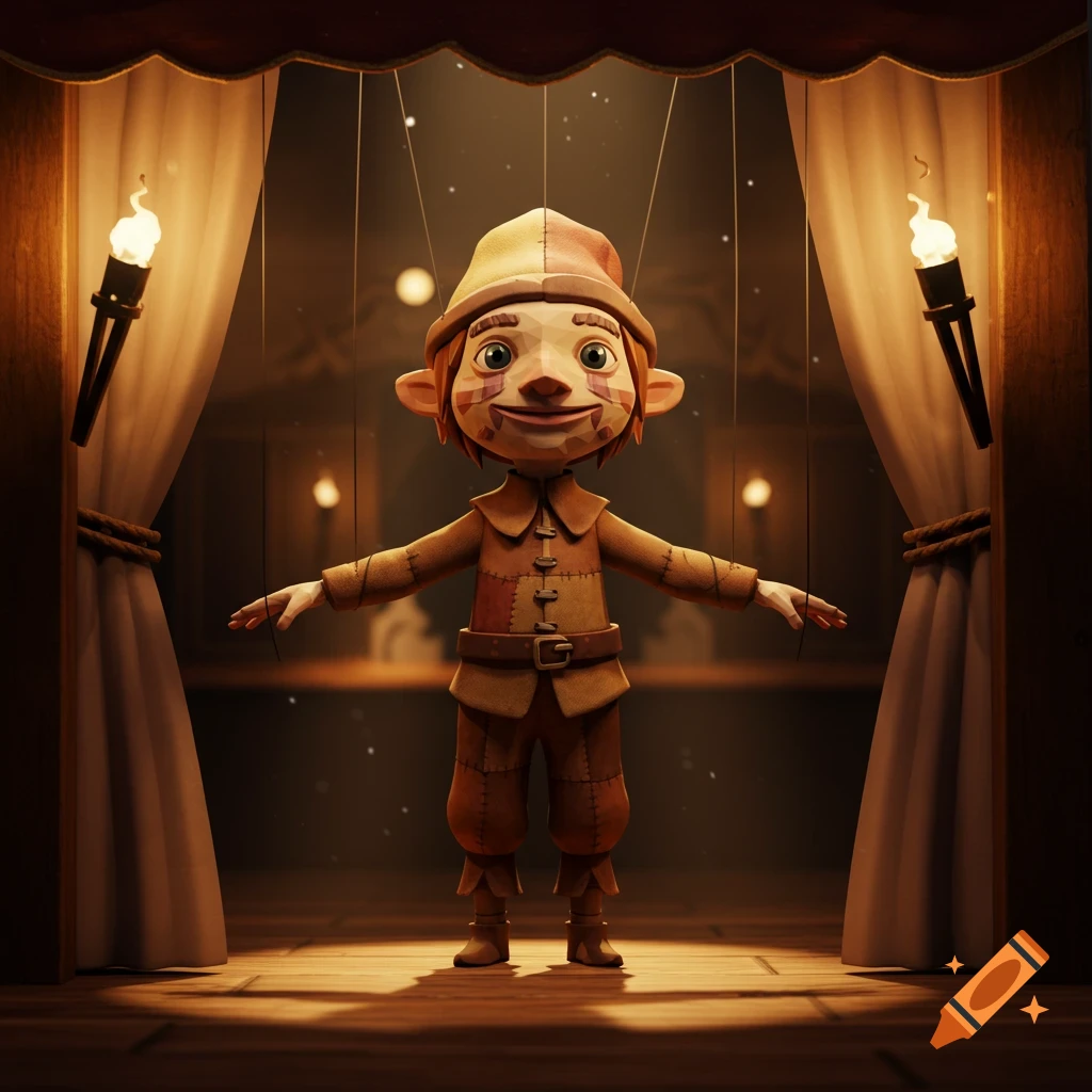 A colorful, low-poly medieval fantasy marionette in a T-pose on a dimly lit wooden stage with curtains and torches.