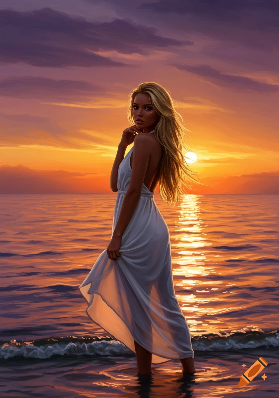 Blonde woman in white dress standing in the ocean at sunset, digital painting.