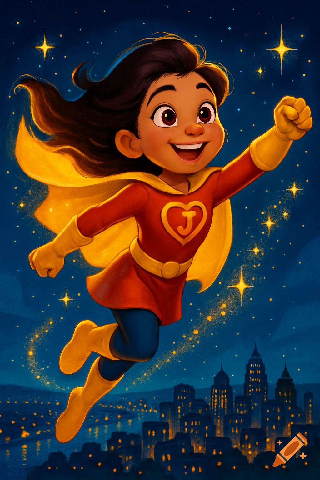A Disney-style cartoon of a joyful young girl superhero flying at night above a city, wearing a red and gold costume with a 'J' emblem and golden sparkles.