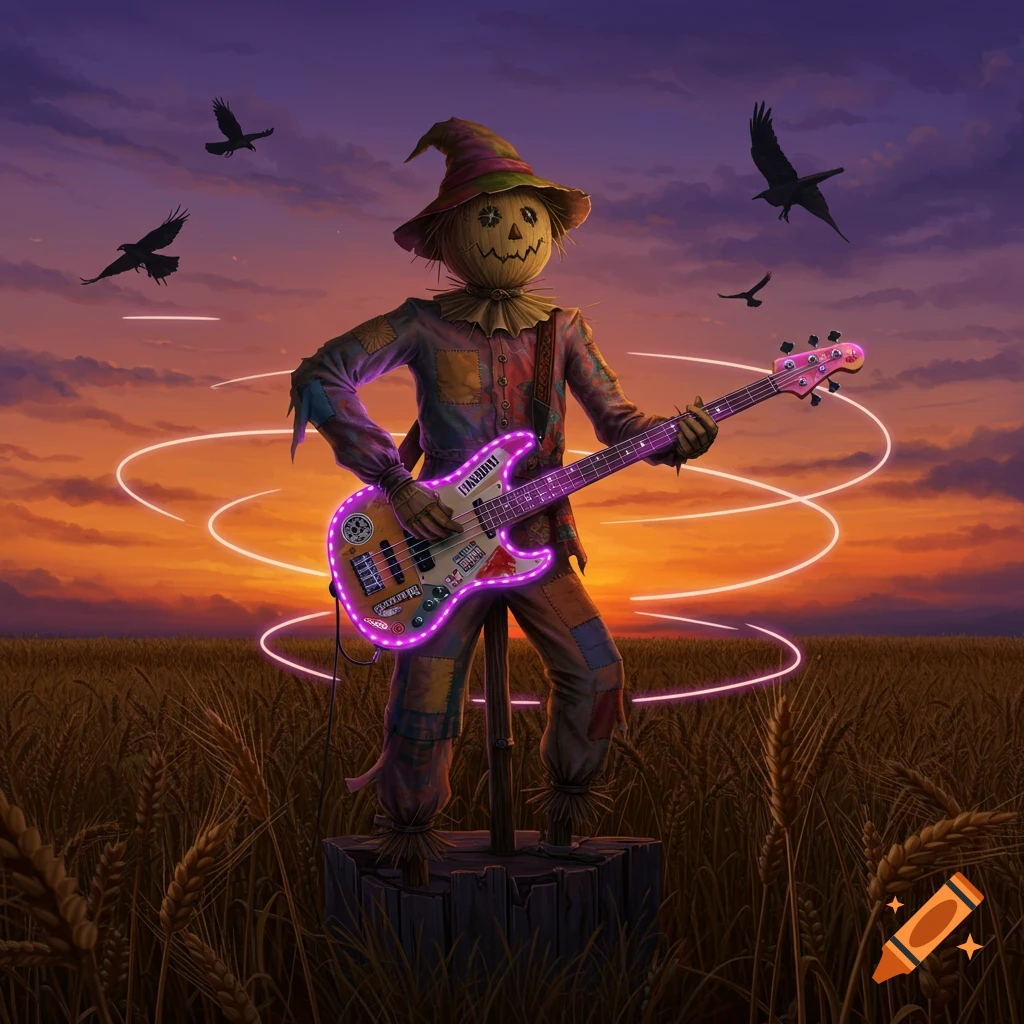 A scarecrow in a patchwork outfit plays a glowing purple electric bass guitar in a wheat field at sunset, with crows flying.