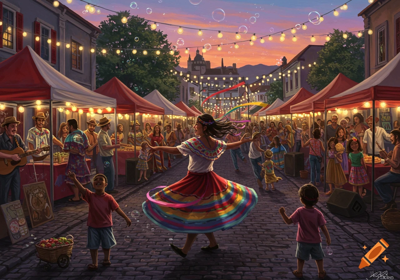 Vibrant street market at sunset with a woman in a colorful skirt dancing, surrounded by stalls, musicians, and people, with string lights and bubbles overhead. Illustration.