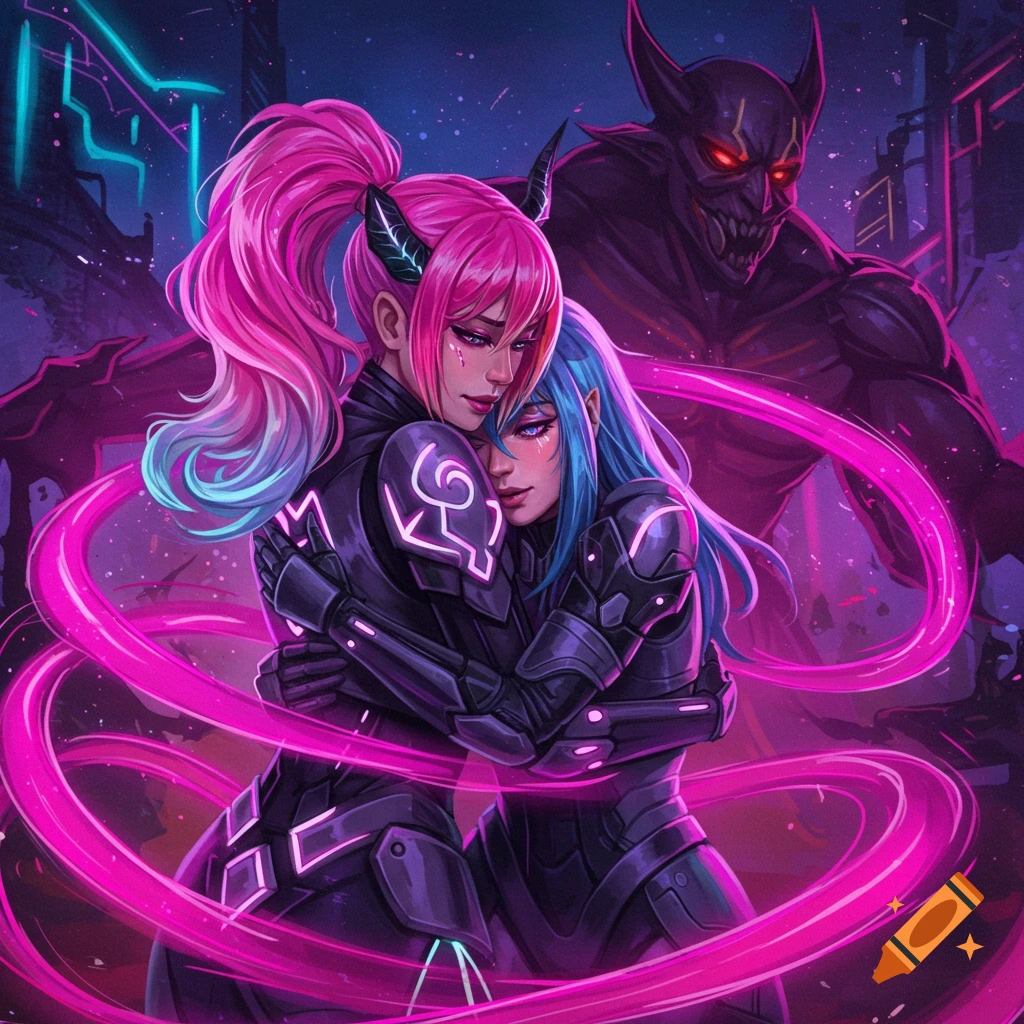 Pink-haired and blue-haired anime women in dark armor hug, surrounded by pink energy, with a demon in a neon city background.
