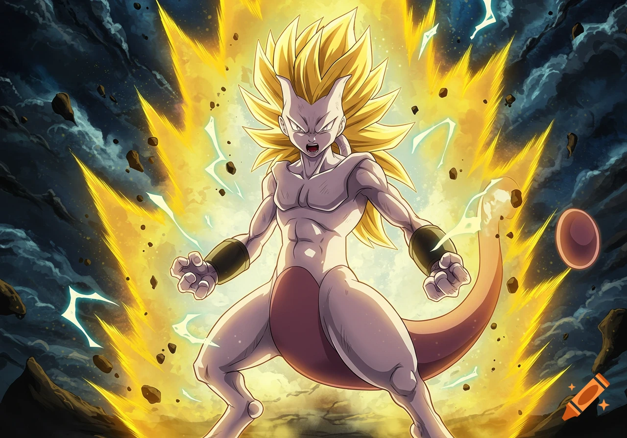 Anime illustration of Super Saiyan Mewtwo in an intense combat pose, glowing with golden energy against a dynamic dark and rocky background.
