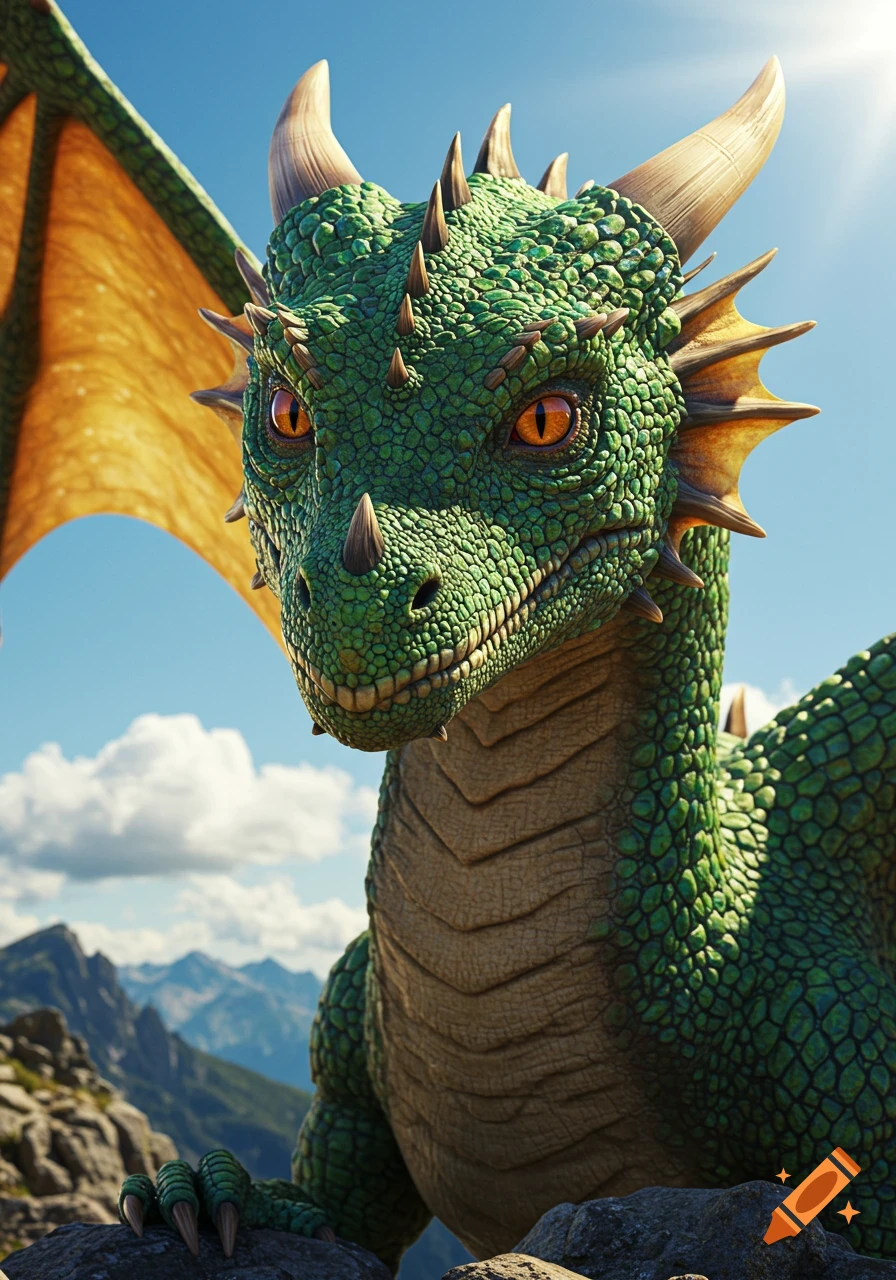 Close-up of a friendly green dragon with orange eyes and golden wings, looking at the camera against a blue sky and mountains. Photorealistic.