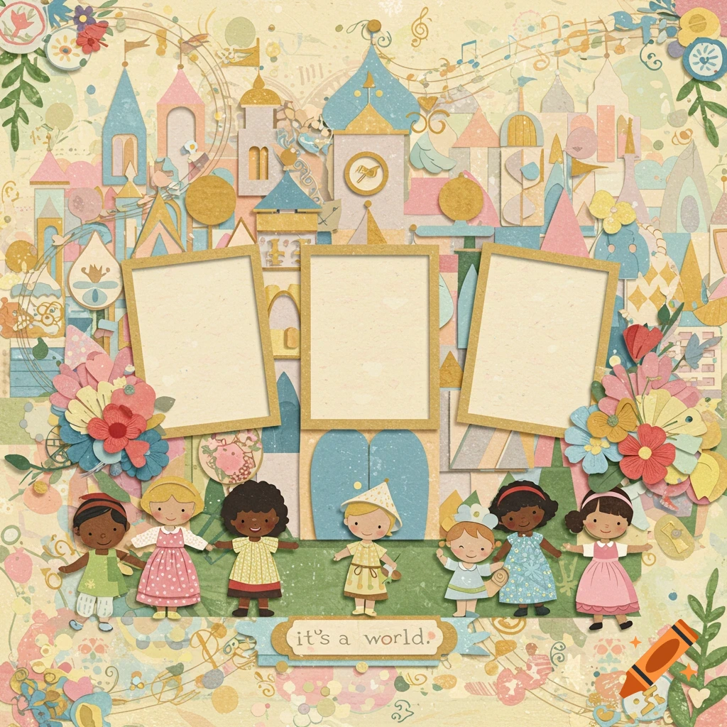 Digital scrapbook page for 'It's a Small World' with a pastel castle, multicultural paper dolls, and three photo frames.
