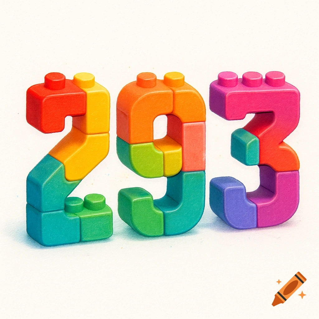 The number 293 formed by colorful plastic toy blocks, resembling a children's educational toy, on a white background.