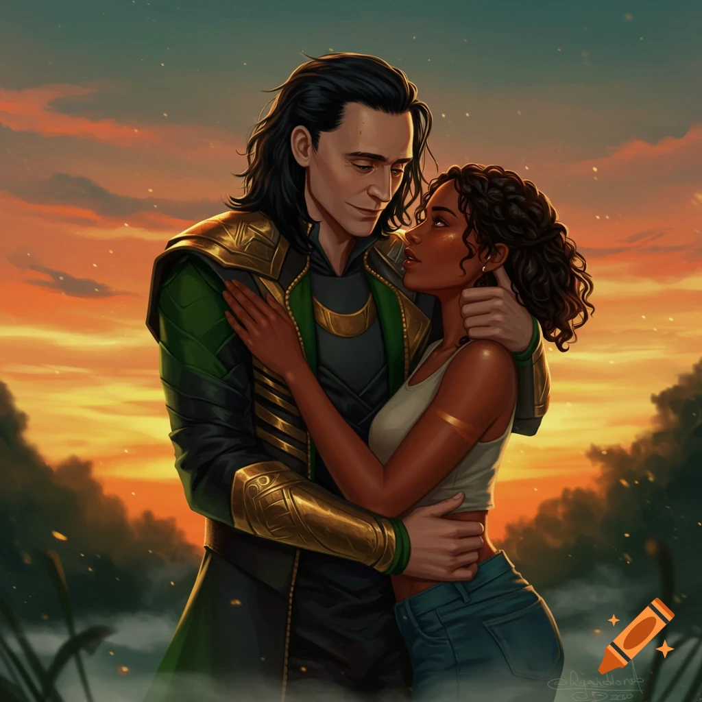 Digital painting of Loki embracing a woman in a crop top against a vibrant sunset.