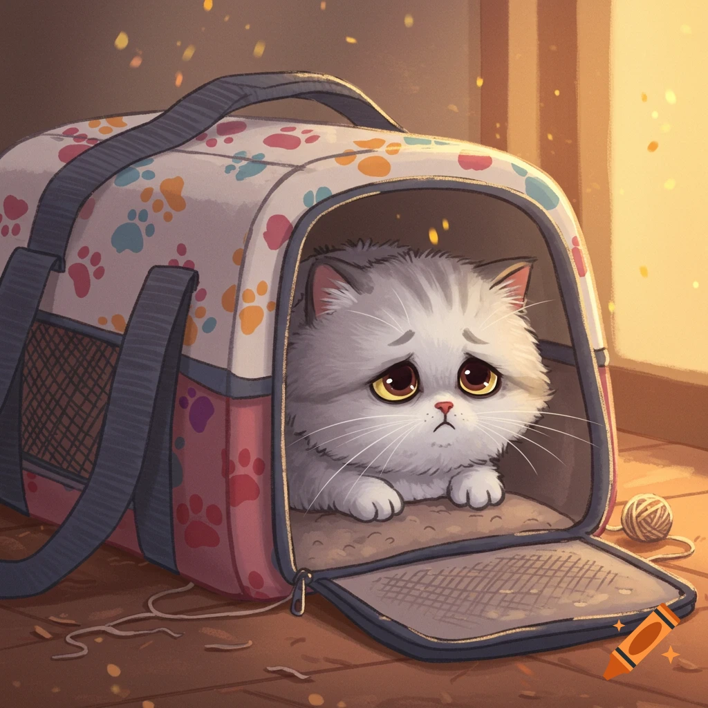 A sad, fluffy grey and white cartoon cat with big yellow eyes sits inside an open pet carrier decorated with colorful paw prints.