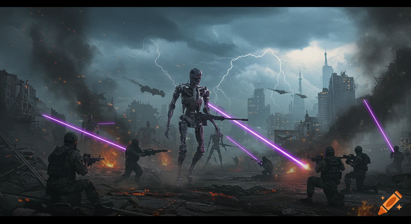 Robots and soldiers exchange purple laser fire in a destroyed city under a stormy, lightning sky.