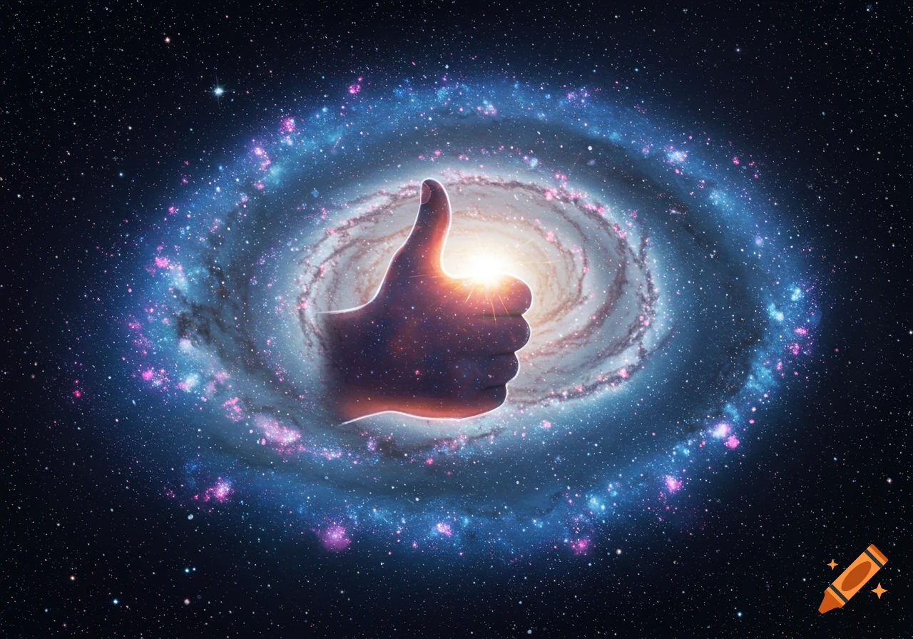 A glowing thumbs-up hand emerges from the center of a vibrant spiral galaxy, filled with stars and nebulae.