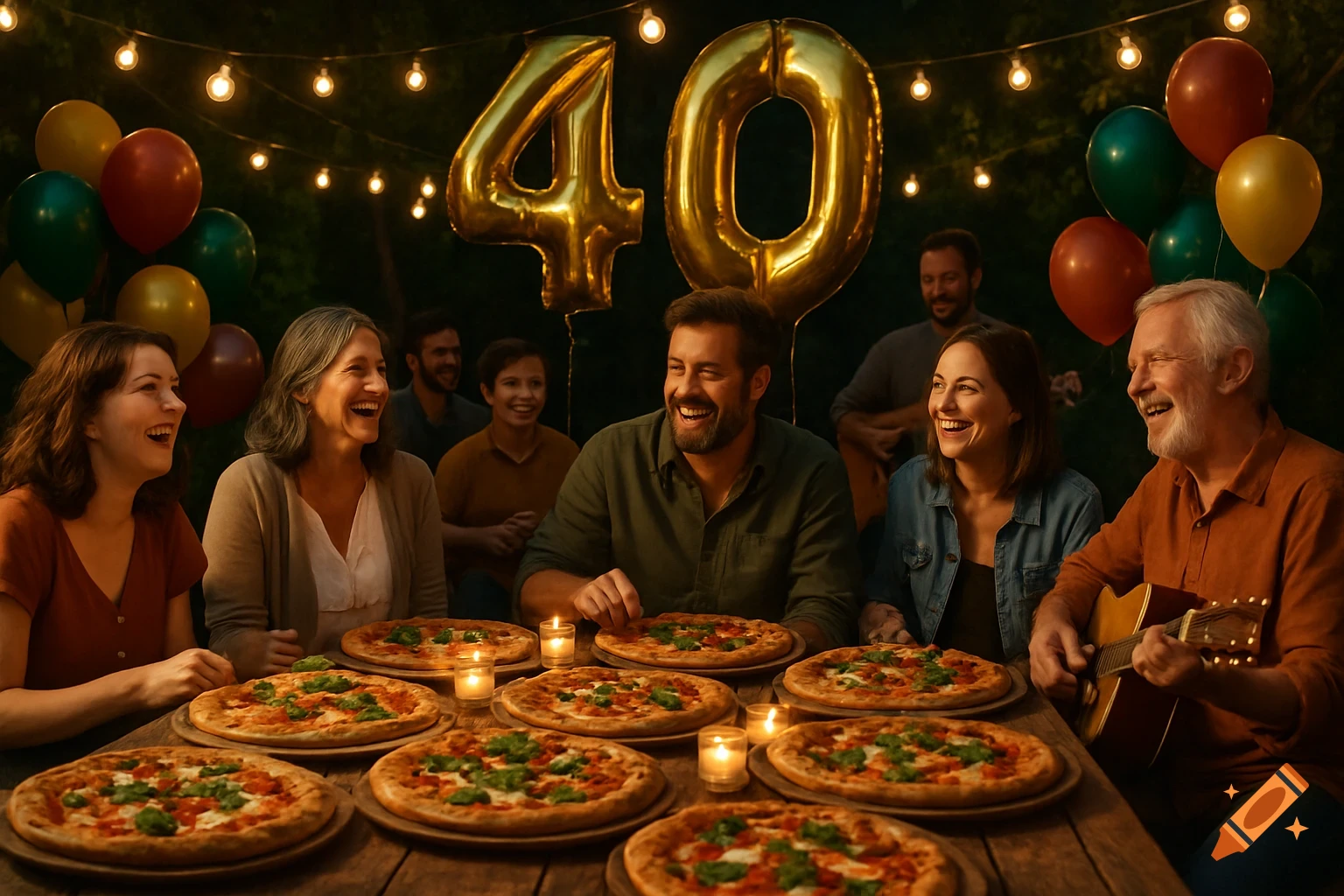 A diverse group of people laugh and socialize at an outdoor 40th birthday pizza party with string lights and balloons at night.