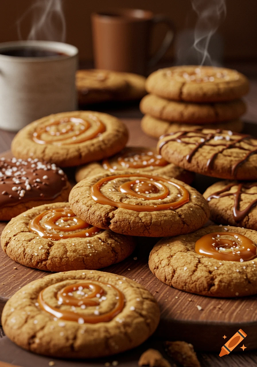 Assorted cookies with caramel swirls, chocolate drizzles, and sprinkles, next to steaming coffee cups on a wooden table.