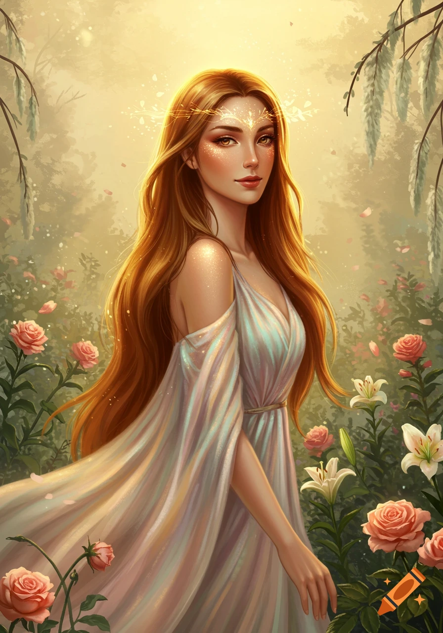 A beautiful woman with long red hair and a glowing crown in an elegant white dress, surrounded by roses and lilies in a sunny fantasy garden.