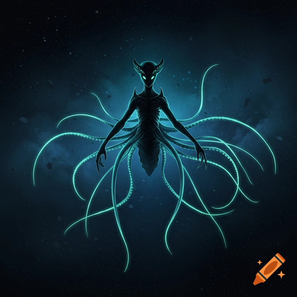 A sinister, dark alien with glowing green eyes and multiple bioluminescent tentacles floats in dark space with small asteroids.