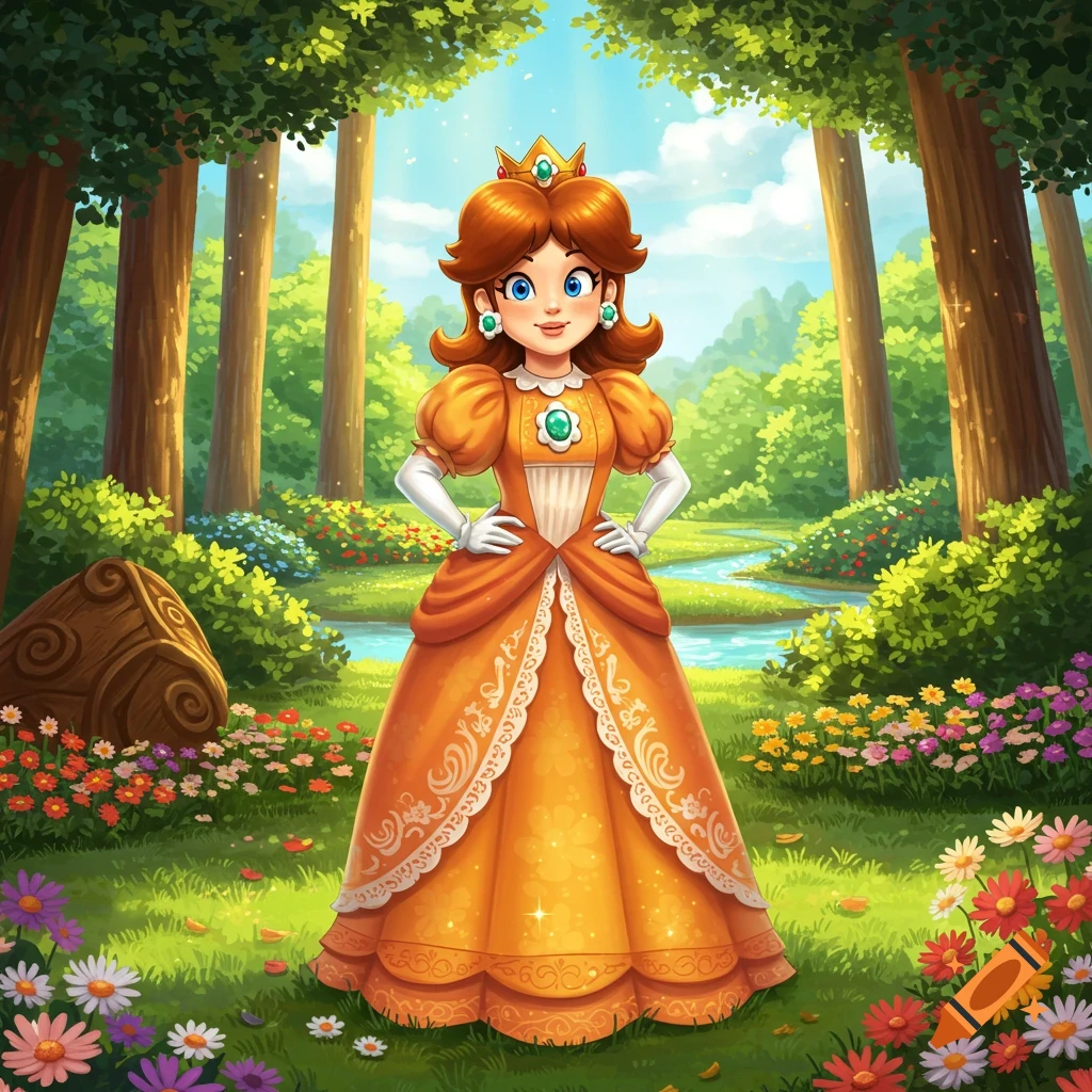 Princess Daisy stands in an enchanted forest with a stream and flowers, rendered in a bright cartoon style.