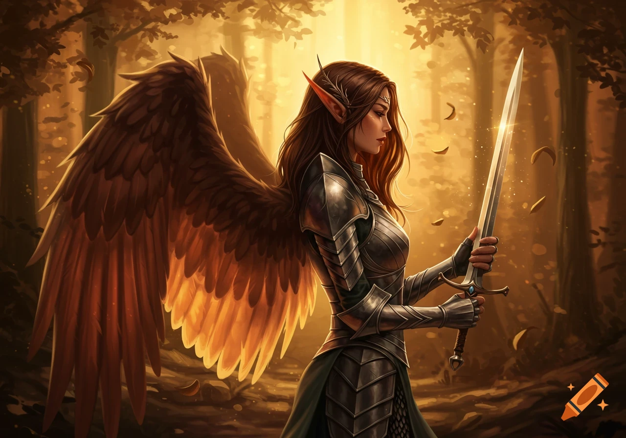 Female elf warrior with brown hair and angel wings, armored, holding a sword in a golden forest. Digital painting.