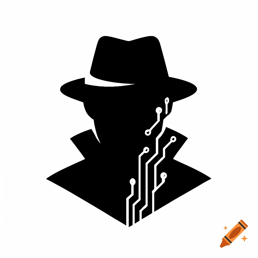 Black and white silhouette logo of a hacker in a fedora and trench coat, with circuit board patterns on the face.