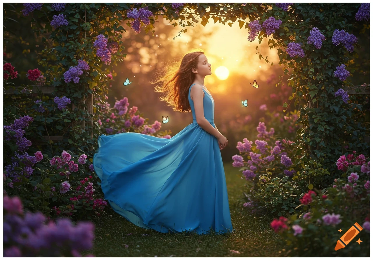 A young girl in a flowing blue dress stands in an enchanted garden with purple flowers, bathed in golden sunset light with butterflies.