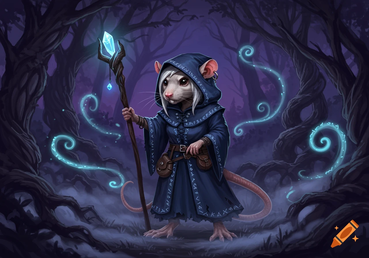 A white ratfolk witch in a dark blue hooded robe holds a glowing crystal staff in a magical, misty forest.