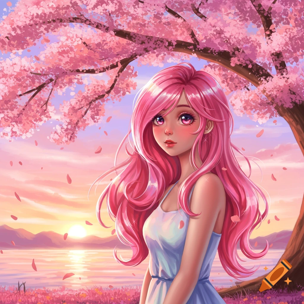 An anime girl with long pink hair stands under a cherry blossom tree with falling petals, at sunset over a lake. Digital illustration.
