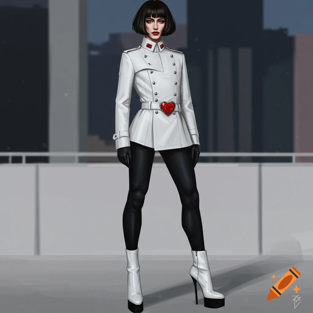 A character in a white military-style jacket with a red heart buckle, black leggings, and white high-heeled boots against a city background.