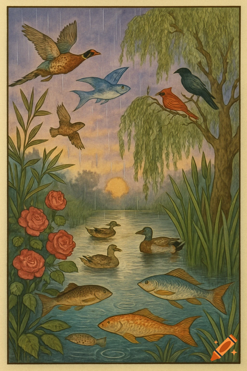 Detailed illustration of birds, ducks, and fish in a pond with roses, reeds, and a willow tree under a rainy twilight sky.