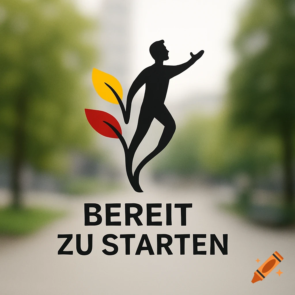 Minimalist logo of a running person silhouette with red and yellow leaves, and German text 'BEREIT ZU STARTEN' on a blurred background.