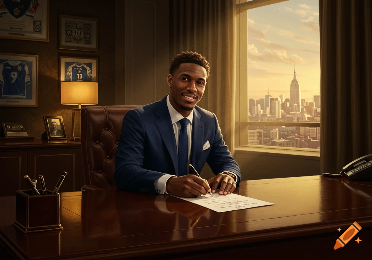 A smiling man in a blue suit signs a document at a large wooden desk in a high-rise office with a city skyline view.