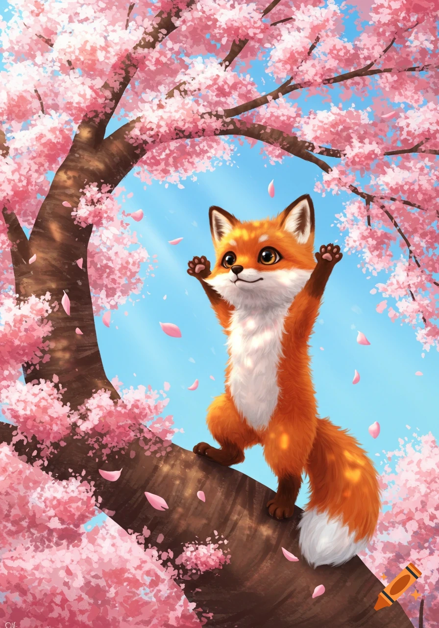 A cute, cartoon-style fox with paws raised stands on a cherry blossom tree branch against a blue sky.