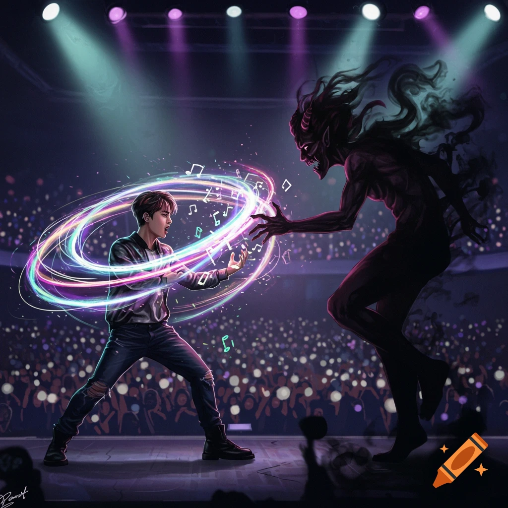 A K-pop idol on a stage with a crowd fights a dark, horned demon, wielding a swirling halo of colorful musical notes.