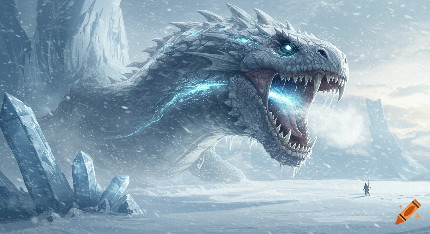 A massive ice dragon with glowing blue eyes and mouth, exhaling energy, towers over a lone warrior in a blizzard-swept, icy landscape.